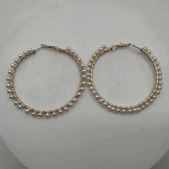 Lot Os 3 Pair Gold Tone Hoop Earrings Faux Pear Accents Large Statement - Picture 6 of 7